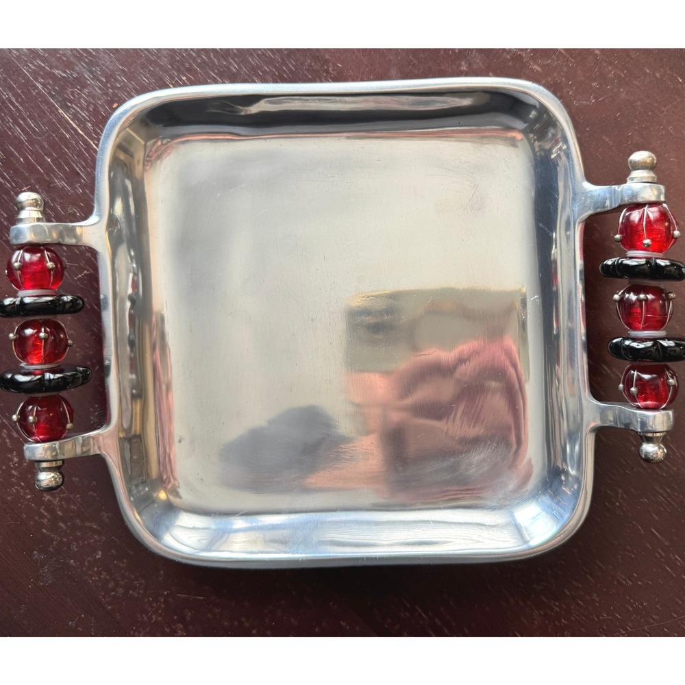 Silver Tone Serving Tray Red Black Beaded Handles Square 7x7 Decorative
